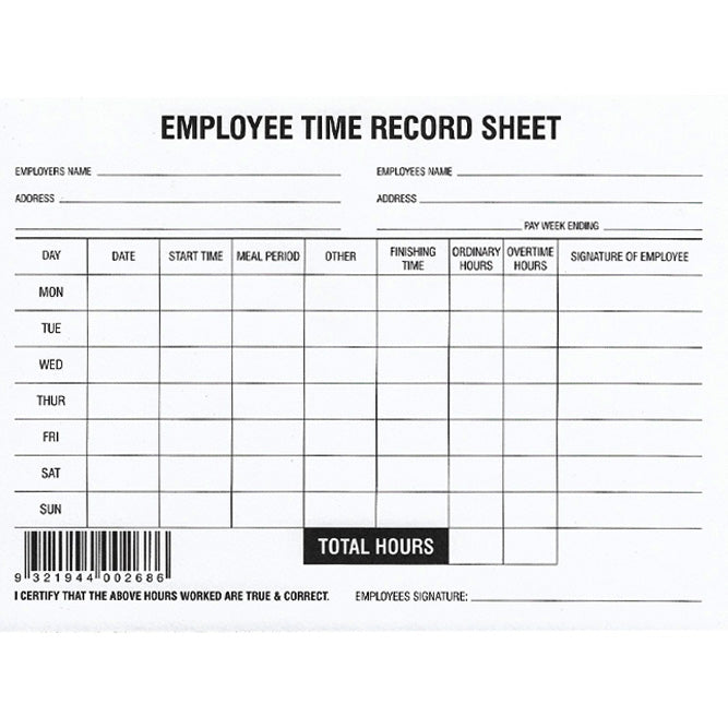 Employee Time Record Pad